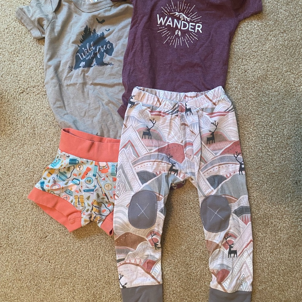 Alpine baby elk mountain leggings, camping shorts, onesies